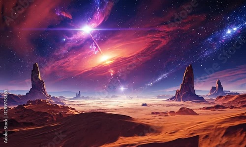 An alien planet with red skies and bizarre rock formations, creating a surreal extraterrestrial landscape. Ideal for sci-fi, gaming, and fantasy visuals