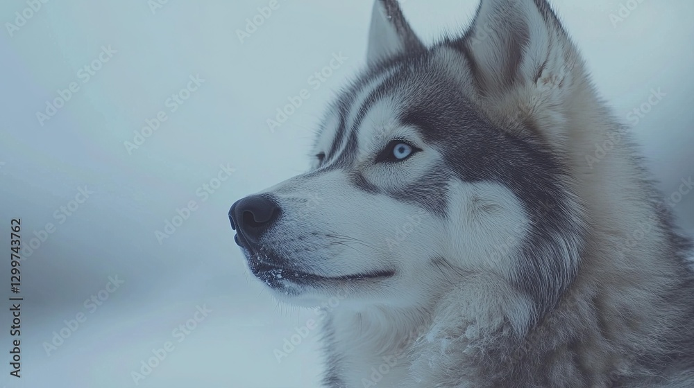 Fototapeta premium Majestic Siberian Husky Portrait Against Stark White Backdrop, Capturing Beauty and Character of the Breed.