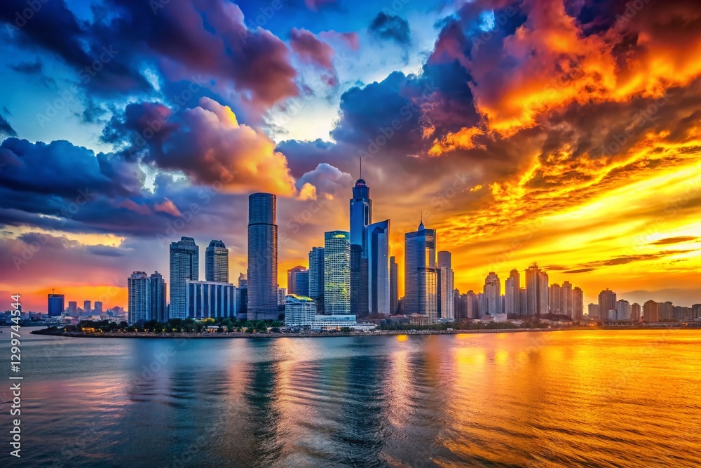 Vibrant Qingdao Skyline: Multicolored Gradient Cityscape Banner Vibrant Qingdao Skyline: Multicolored Gradient Cityscape Banner