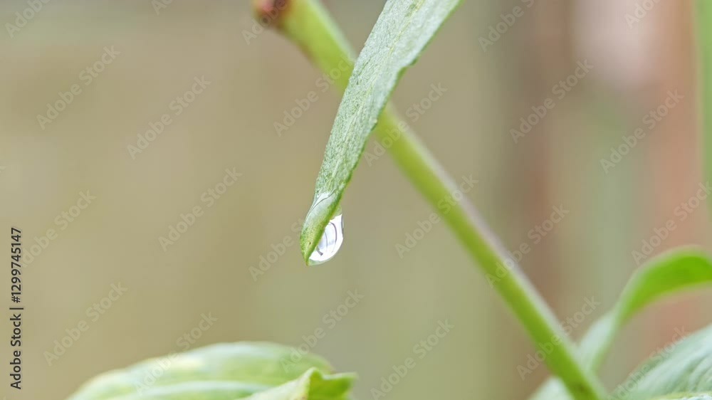 A dewdrop hangs from the tip of a green leaf. A dewdrop hangs from the tip of a green leaf.