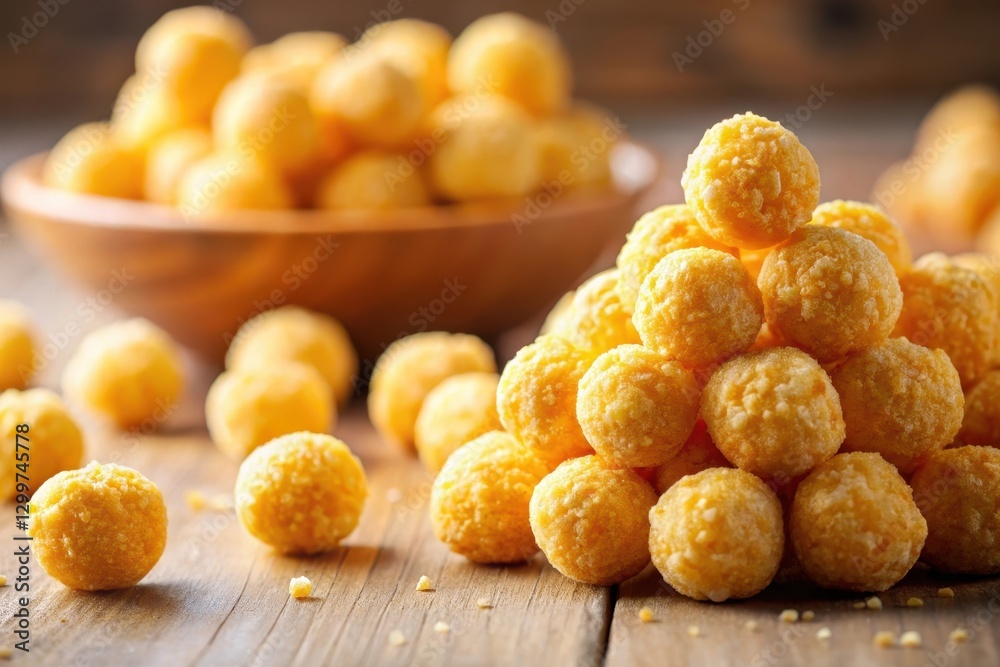 A pyramid of golden, crunchy, bite-sized snacks sits on a rustic wooden surface, with additional treats scattered nearby and a bowl of more snacks in the background A pyramid of golden, crunchy, bite-sized snacks sits on a rustic wooden surface, with additional treats scattered nearby and a bowl of more snacks in the background