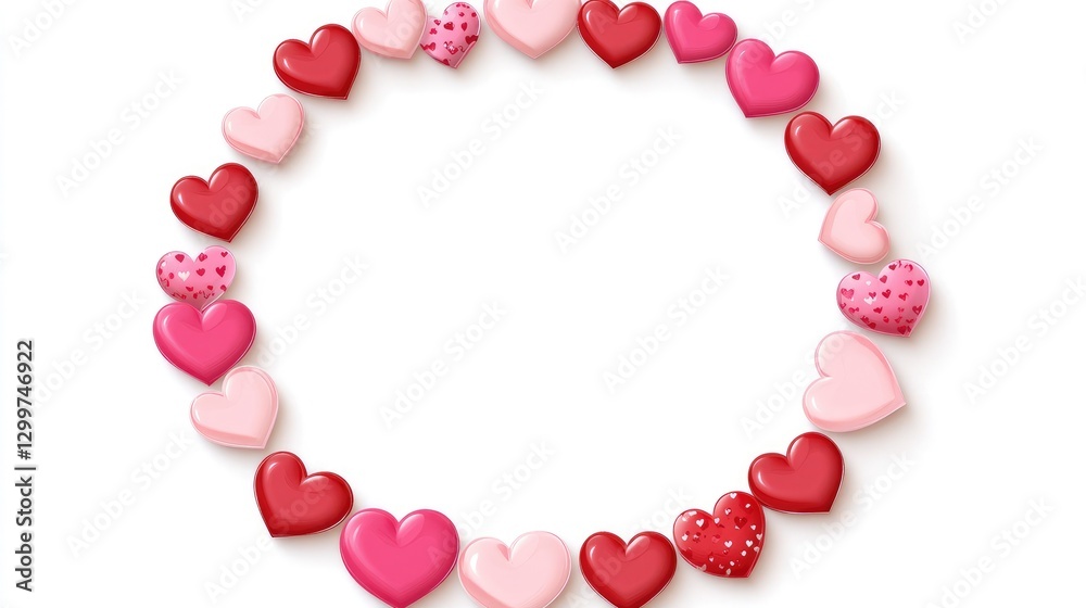Obraz premium Valentine's Day frame with hearts, pink and red colors, white background, flat design, simple design
