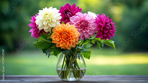 Vibrant Dahlia Bouquet In A Glass Vase On A Wooden Table With Green Blurred Background