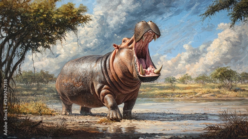 Fototapeta premium Majestic Hippopotamus Roaring in Serene Water Under Vibrant Sky Landscape