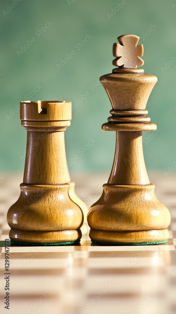 Wooden Chess King and Rook on Board Game Strategy Wooden Chess King and Rook on Board Game Strategy