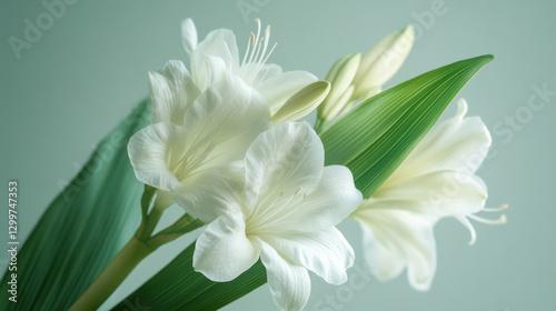 A stunning macro shot of an artistic floral arrangement, featuring white and pale green petals in perfect harmony with vibrant green leaves