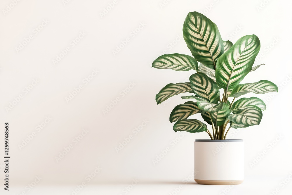 A 3D depiction of a calathea plant, with its rich, patterned leaves, isolated in a pot on a white background, perfect for interior decor inspiration. A 3D depiction of a calathea plant, with its rich, patterned leaves, isolated in a pot on a white background, perfect for interior decor inspiration.