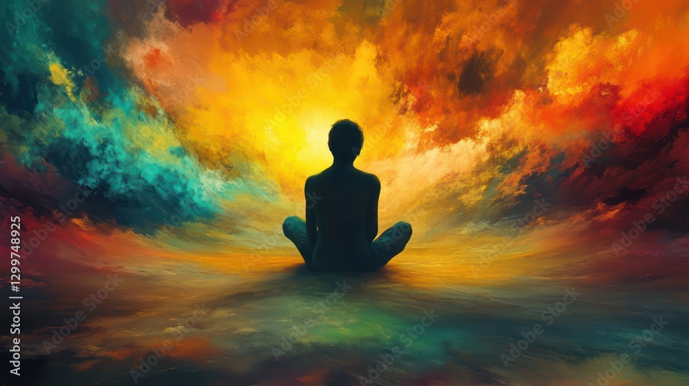 Obraz premium Inner Peace: A Serene Moment of Meditation Amidst a Vibrant, Dreamlike Landscape
