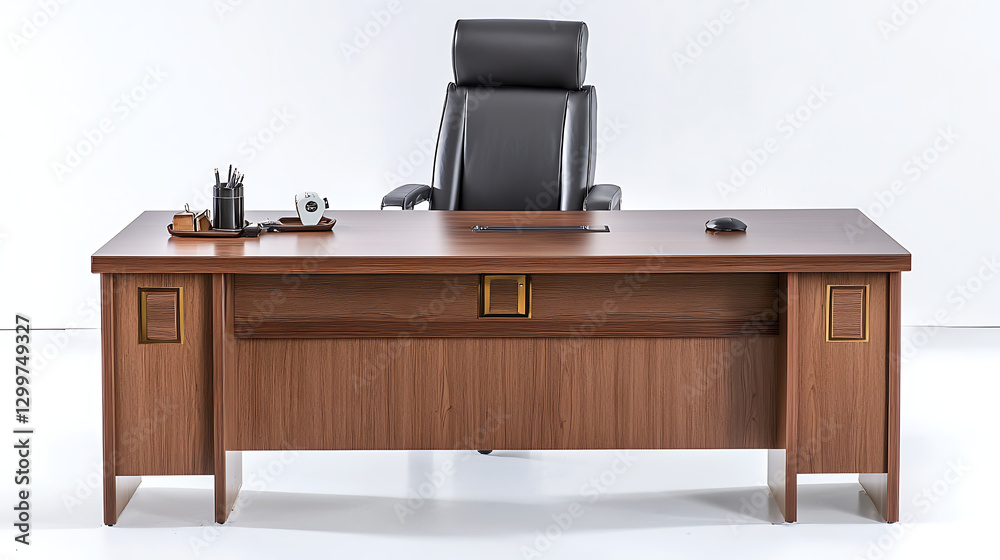 A wooden desk with a black leather chair and a small desk lamp A wooden desk with a black leather chair and a small desk lamp