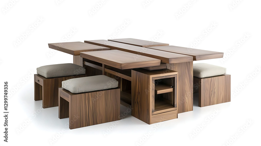 A wooden table with a lot of chairs and a shelf