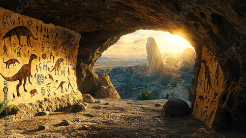 Fototapeta Naklejka Na Ścianę i Meble -  Ancient cave painting depicting dinosaurs in a scenic landscape during sunset