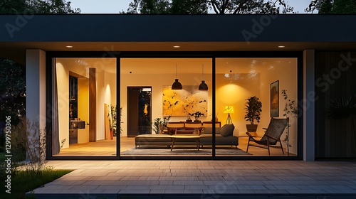 Modern Home Interior View Through Sliding Glass Doors at Dusk photo