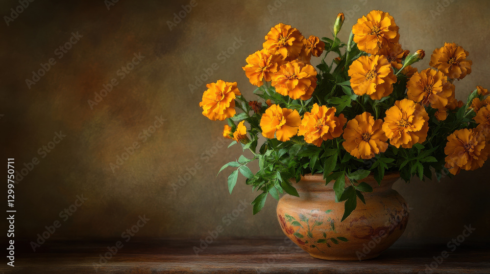 custom made wallpaper toronto digitalA charming floral arrangement of golden marigolds in a hand-painted clay pot, positioned against a warm, neutral-toned background