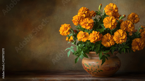 Wallpaper Mural A charming floral arrangement of golden marigolds in a hand-painted clay pot, positioned against a warm, neutral-toned background Torontodigital.ca
