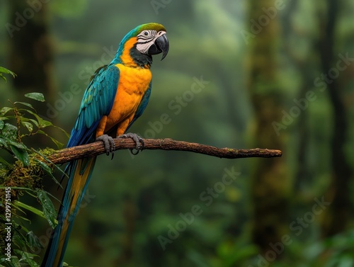 Vivid Macaw Perched on Branch in Lush Rainforest Setting with Blue, Yellow, and Green Plumage