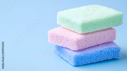 Stack Of Colorful Square Sponges Displayed Against A Light Blue Background Studio Shot