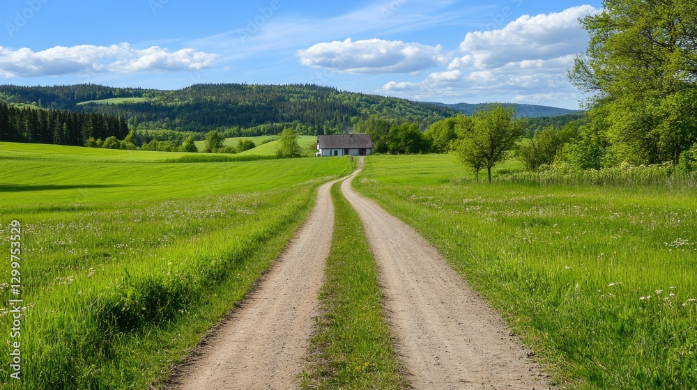 A dirt road dividing two massive potato fields, leading toward a distant farmhouse. A dirt road dividing two massive potato fields, leading toward a distant farmhouse.