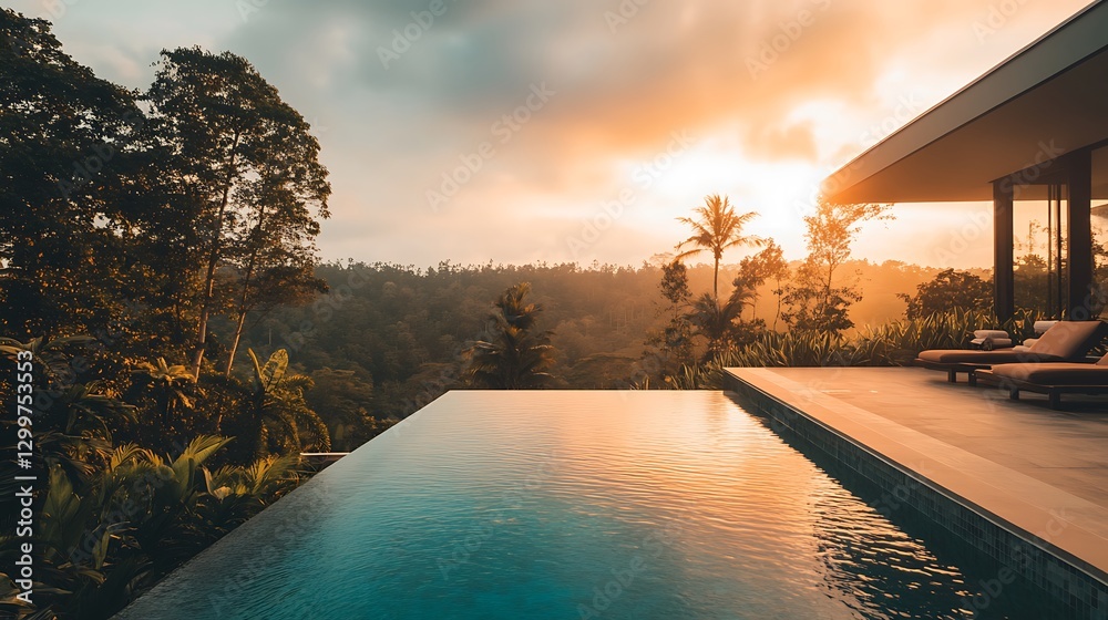 Fototapeta premium Infinity Pool Overlooking Jungle at Sunrise with Reflective Water Surface