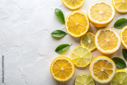 Wallpaper Mural Refreshing Citrus Slices with Lush Green Leaves on a Textured White Background, Perfect for Culinary or Wellness Designs Torontodigital.ca