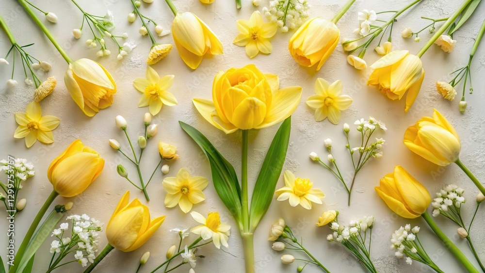 Fototapeta premium A vibrant arrangement of yellow tulips and daffodils, complemented by delicate white wildflowers, creating a cheerful spring floral composition