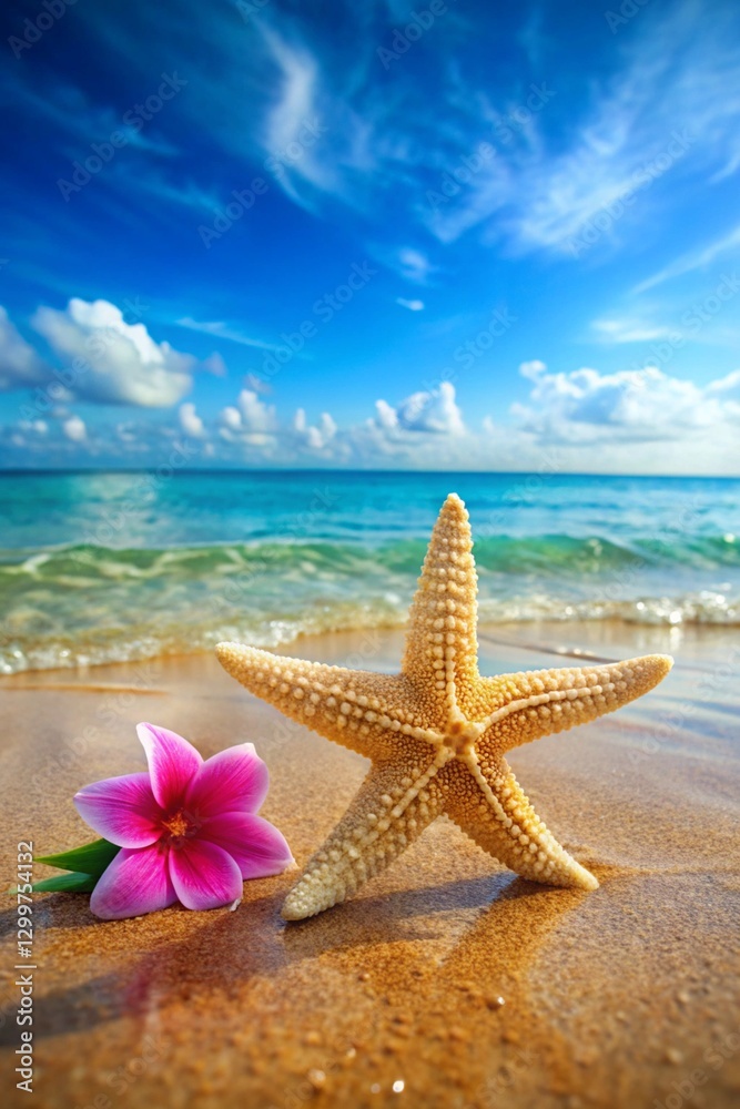Starfish and flower on the summer beach in sea water. Summer background. Starfish and flower on the summer beach in sea water. Summer background.