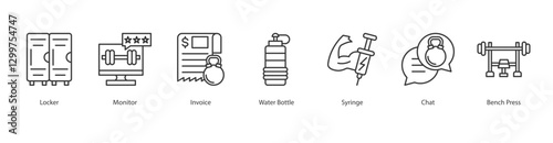 Intervals Icon Sheet locker, monitor, invoice, water bottle, syringe, chat, bench press