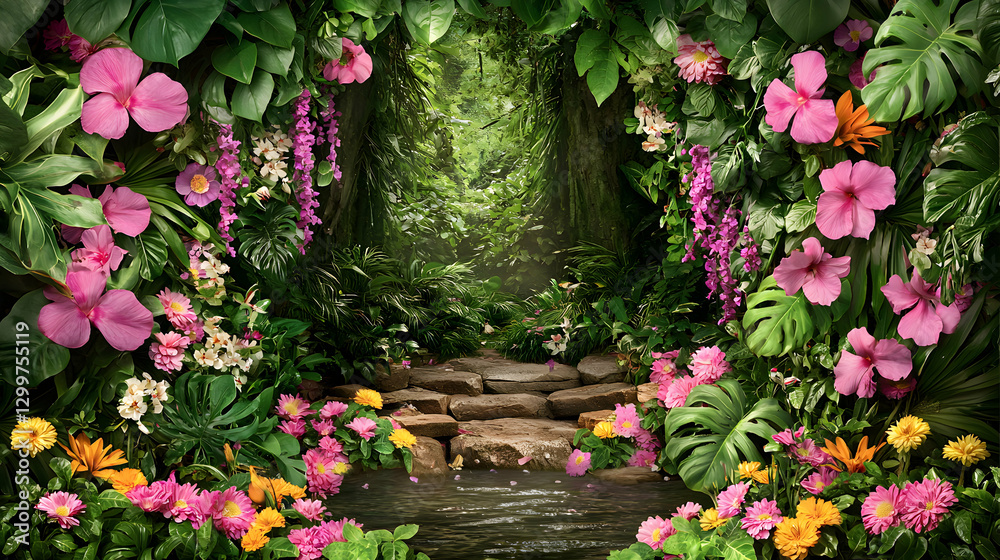 Fototapeta premium Vibrant Pink And Green Tropical Flowers Frame Lush Jungle Path
