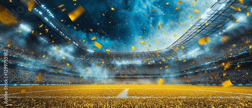 Evening soccer championship in a stadium arena, confetti and tinsel scattered on the field, yellow toning with smoke in blue and yellow background, capturing the energy of a win