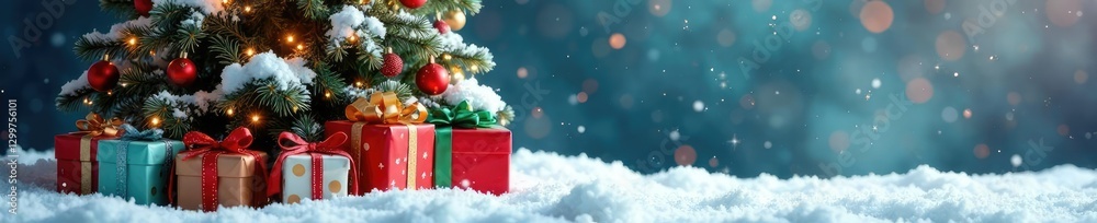 Snowy tree covered in colorful presents wrapped in paper and ribbon, wrapping, festive, gift Snowy tree covered in colorful presents wrapped in paper and ribbon, wrapping, festive, gift