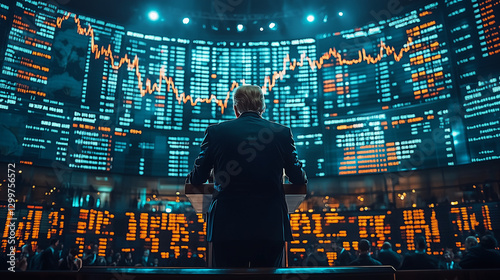 investor standing in front of big screen stock market with up and down volatile