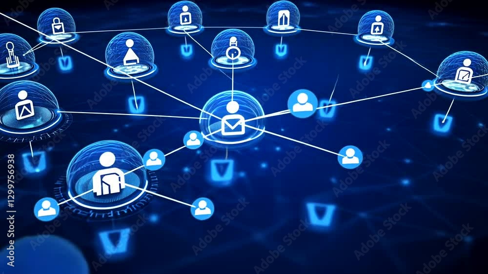 Digital network visualization with interconnected nodes representing users and data flow Digital network visualization with interconnected nodes representing users and data flow