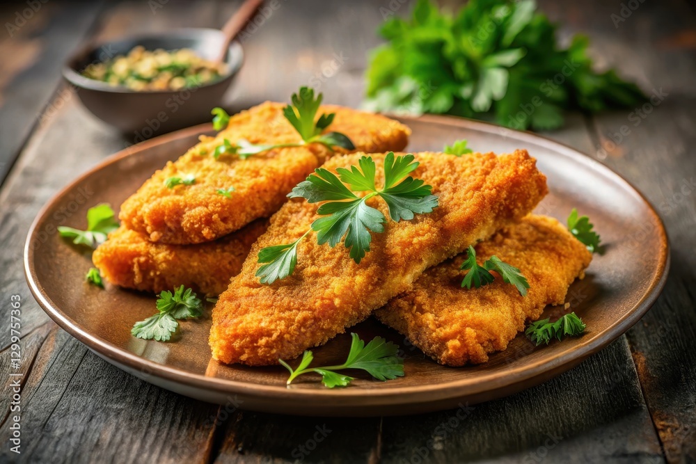 Golden-brown breaded fish fillets arranged on a rustic plate, garnished with fresh parsley, accompanied by a side of a creamy sauce. Golden-brown breaded fish fillets arranged on a rustic plate, garnished with fresh parsley, accompanied by a side of a creamy sauce.