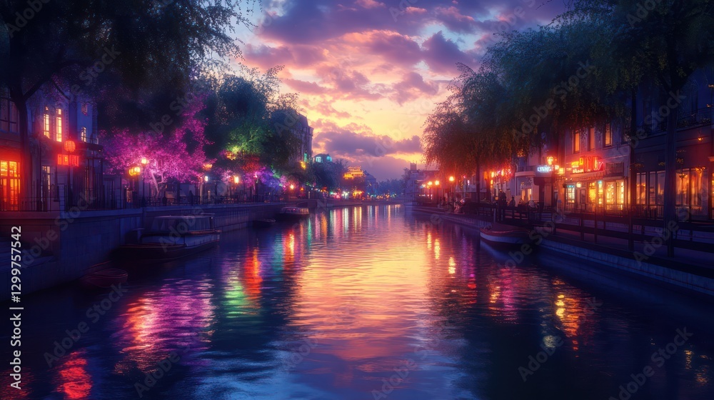 A City at Twilight with Colorful Lights Reflecting on the Water By Generated AI A City at Twilight with Colorful Lights Reflecting on the Water By Generated AI
