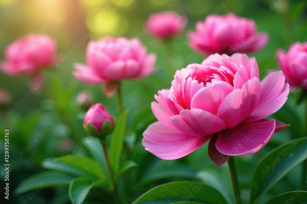Pink peonies in full bloom with subtle greenery surrounding them, spring blossoms, greenery Pink peonies in full bloom with subtle greenery surrounding them, spring blossoms, greenery