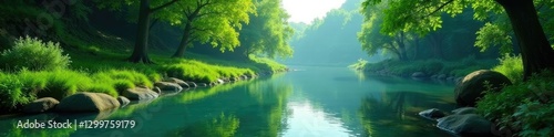Lush green foliage surrounds serene river landscape with gentle ripples, water, nature, planet