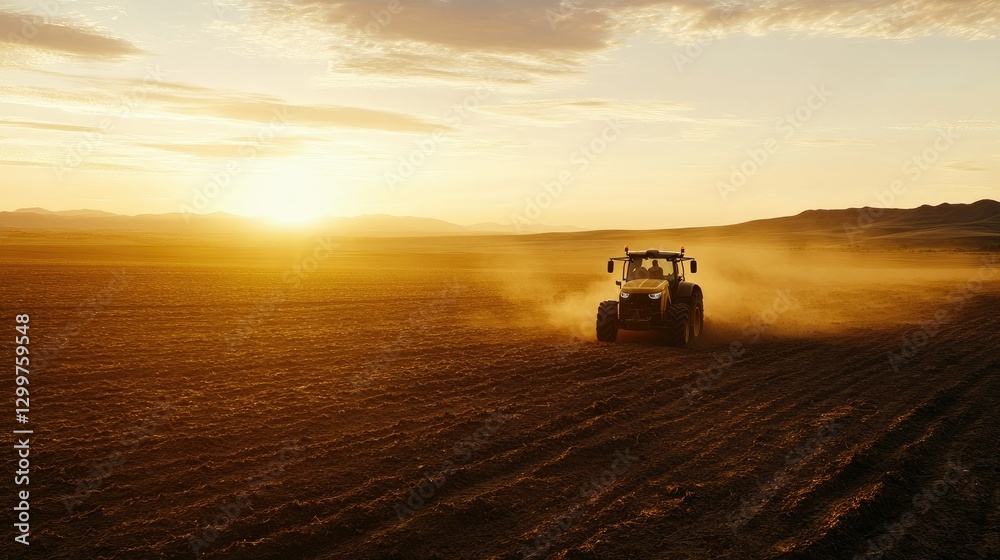 Fototapeta premium A tractor moving across a potato field at sunrise, plowing the last section of soil.