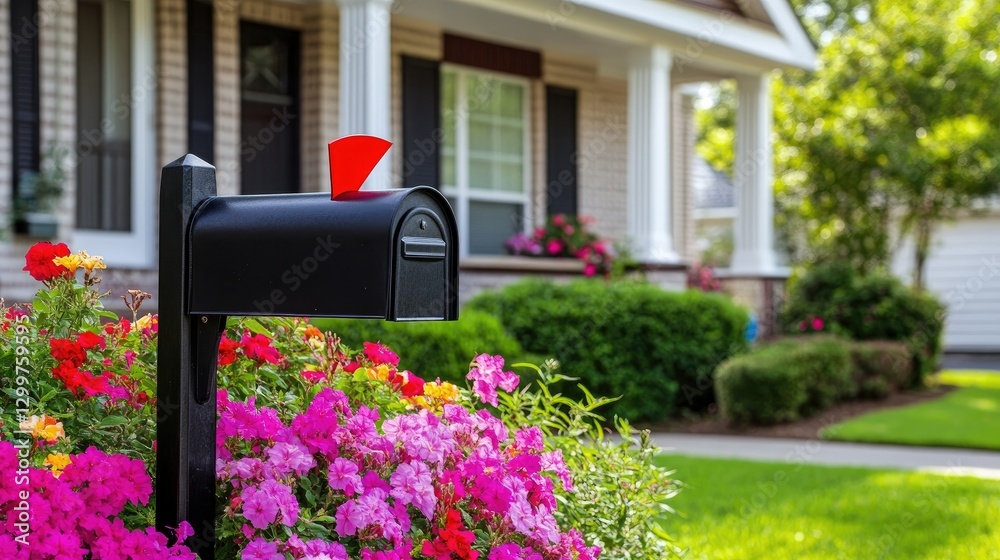 Obraz premium A traditional black mailbox with a red flag up, surrounded by colorful flowers in front of a suburban house.