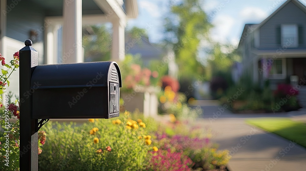 Close-up of a black mailbox with a locking compartment, positioned near the sidewalk of a suburban home. Close-up of a black mailbox with a locking compartment, positioned near the sidewalk of a suburban home.