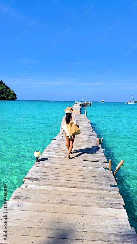 A woman serene walk along a rustic wooden pier leads to the stunning blue waters of Koh Kood Island Thailand. Soak in the tranquil atmosphere and embrace the beauty of nature in this tropical paradise A woman serene walk along a rustic wooden pier leads to the stunning blue waters of Koh Kood Island Thailand. Soak in the tranquil atmosphere and embrace the beauty of nature in this tropical paradise