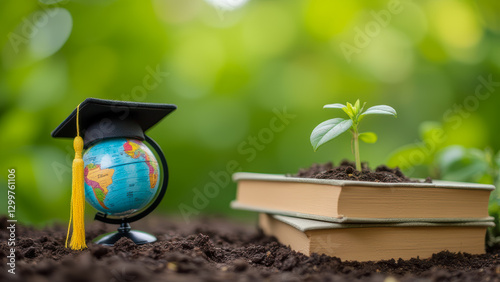 Graduation Cap on Globe with Seedling and Books Symbolizing Education, Growth, and Sustainability
