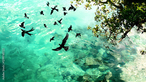 Silhouetted Birds Flying Over Teal Water and Lush Green Trees