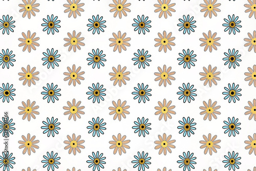 Seamless pattern of beige and blue daisies on white background.