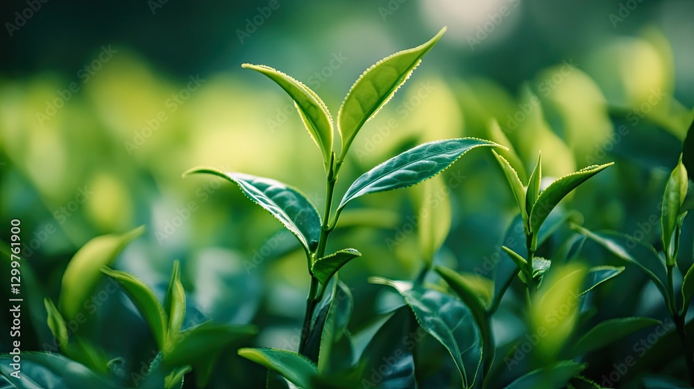 Macro shot of a tender green tea shoot emerging from a healthy tea bush in an organic plantation. Macro shot of a tender green tea shoot emerging from a healthy tea bush in an organic plantation.