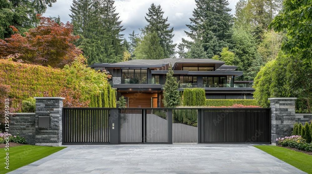 Modern home entrance featuring a dark anthracite fence with horizontal panels, a sliding gate, and a well-paved slab driveway. Modern home entrance featuring a dark anthracite fence with horizontal panels, a sliding gate, and a well-paved slab driveway.