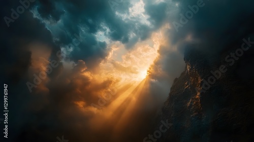 A canyon illuminated by sun rays breaking through dense, dramatic clouds