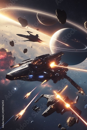 Futuristic Spacecraft Engaging in Battle Near a Ringed Planet