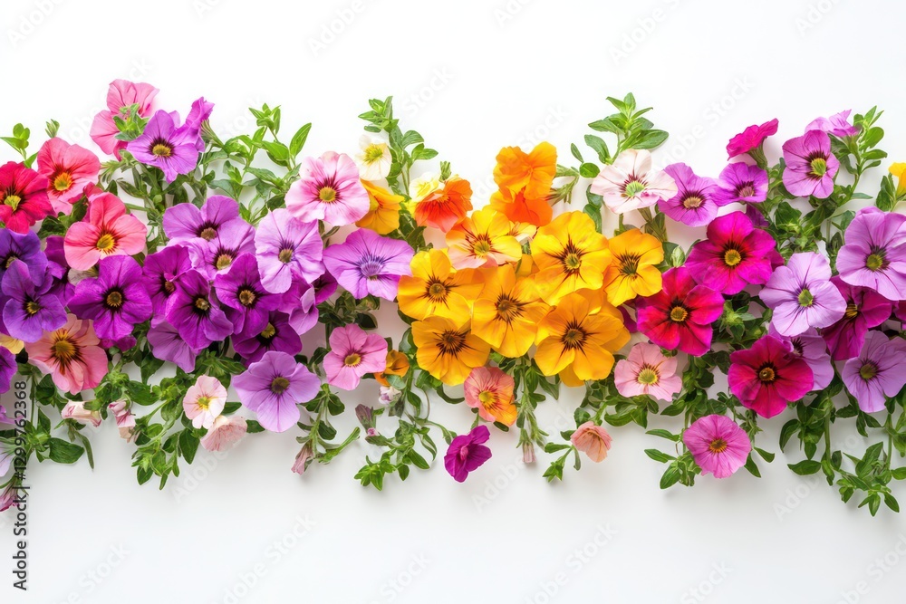 A beautifully composed shot of calibrachoa flowers against a white background, emphasizing their cascading petals and colorful vibrance.