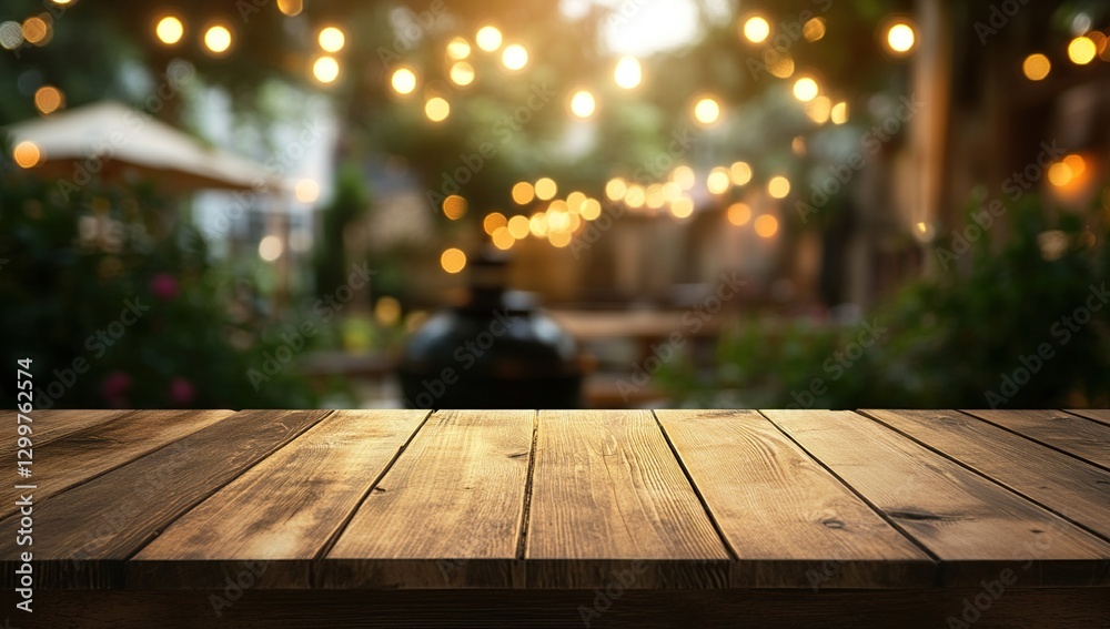 Rustic Wooden Table Against Blurred Outdoor Evening Lights Rustic Wooden Table Against Blurred Outdoor Evening Lights