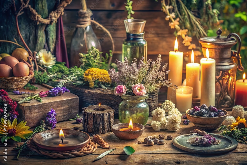 Naklejka premium Vintage Spring Equinox Witch's Altar Stock Photo - Mystical Herbalism