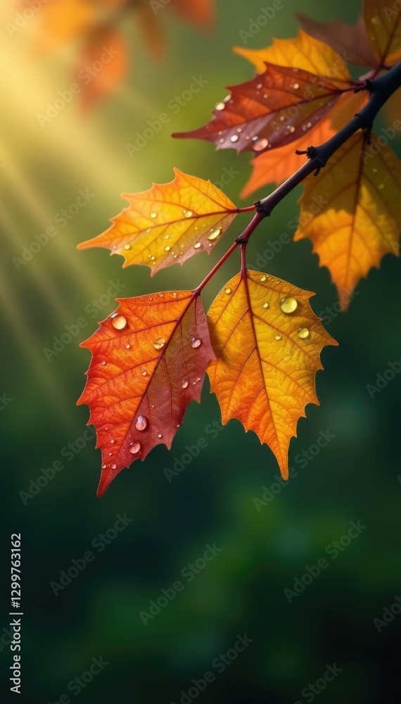 Gentle morning rain falling on a leafy branch, autumn, glistening Gentle morning rain falling on a leafy branch, autumn, glistening